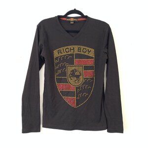 MichelAngelo Rich Boy Rhinestone Porsche Crest Design Black V-Neck T-Shirt S